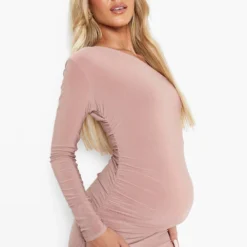 Maternité - Robe Mi-longue Froncée à épaule Dénudée -Pas Cher Vêtue Diva Magasin bzz01306 blush xl 3