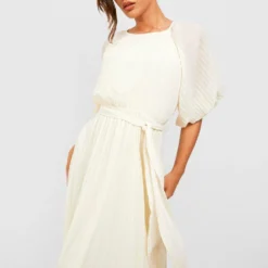 Robe Mi-longue Plissée à Manches Bouffantes -Pas Cher Vêtue Diva Magasin fzz20544 champagne xl 2