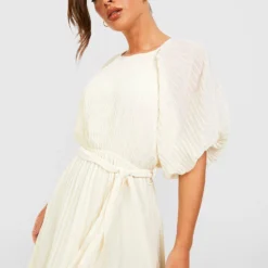 Robe Mi-longue Plissée à Manches Bouffantes -Pas Cher Vêtue Diva Magasin fzz20544 champagne xl 3