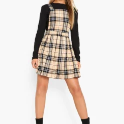 Robe Salopette Effet Plissé à Carreaux -Pas Cher Vêtue Diva Magasin fzz32489 tan xl 2