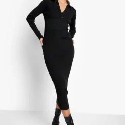 Robe Pull Côtelée Avec Col à Revers Contrastant