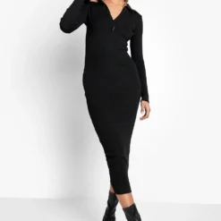 Robe Pull Côtelée Avec Col à Revers Contrastant -Pas Cher Vêtue Diva Magasin fzz37973 black xl 2