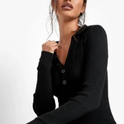 Robe Pull Côtelée Avec Col à Revers Contrastant -Pas Cher Vêtue Diva Magasin fzz37973 black xl 3