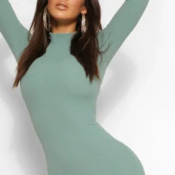 BOOHOO Robe Mi-longue Côtelée à Col Montant En Tissu Premium -Pas Cher Vêtue Diva Magasin fzz46179 green xl 3