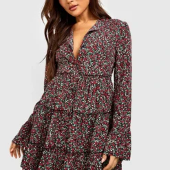 Robe Babydoll à Imprimé Fleuri Et Volants -Pas Cher Vêtue Diva Magasin fzz53956 black xl 2