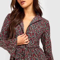 Robe Babydoll à Imprimé Fleuri Et Volants -Pas Cher Vêtue Diva Magasin fzz53956 black xl 3