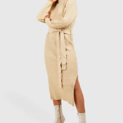 Robe Mi-longue Côtelée à Attaches -Pas Cher Vêtue Diva Magasin fzz77194 stone xl 2