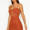 Robe Courte Froncée En Mesh -Pas Cher Vêtue Diva Magasin fzz86016 rust xl