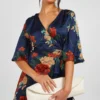 Robe Cache-cœur Satinée à Imprimé Fleuri -Pas Cher Vêtue Diva Magasin fzz97744 navy xl