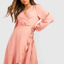 BOOHOO Robe Patineuse Mi-longue Cache-coeur à Volants -Pas Cher Vêtue Diva Magasin fzz99533 blush xl 2