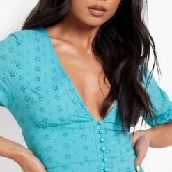 Petite - Robe Courte En Broderie Anglaise à Manches Bouffantes -Pas Cher Vêtue Diva Magasin gzz00790 aqua xl 3