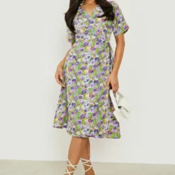 Petite - Robe Cache-cœur Mi-longue à Imprimé Fleuri