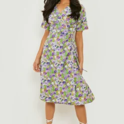 Petite - Robe Cache-cœur Mi-longue à Imprimé Fleuri -Pas Cher Vêtue Diva Magasin gzz00802 lilac xl 2