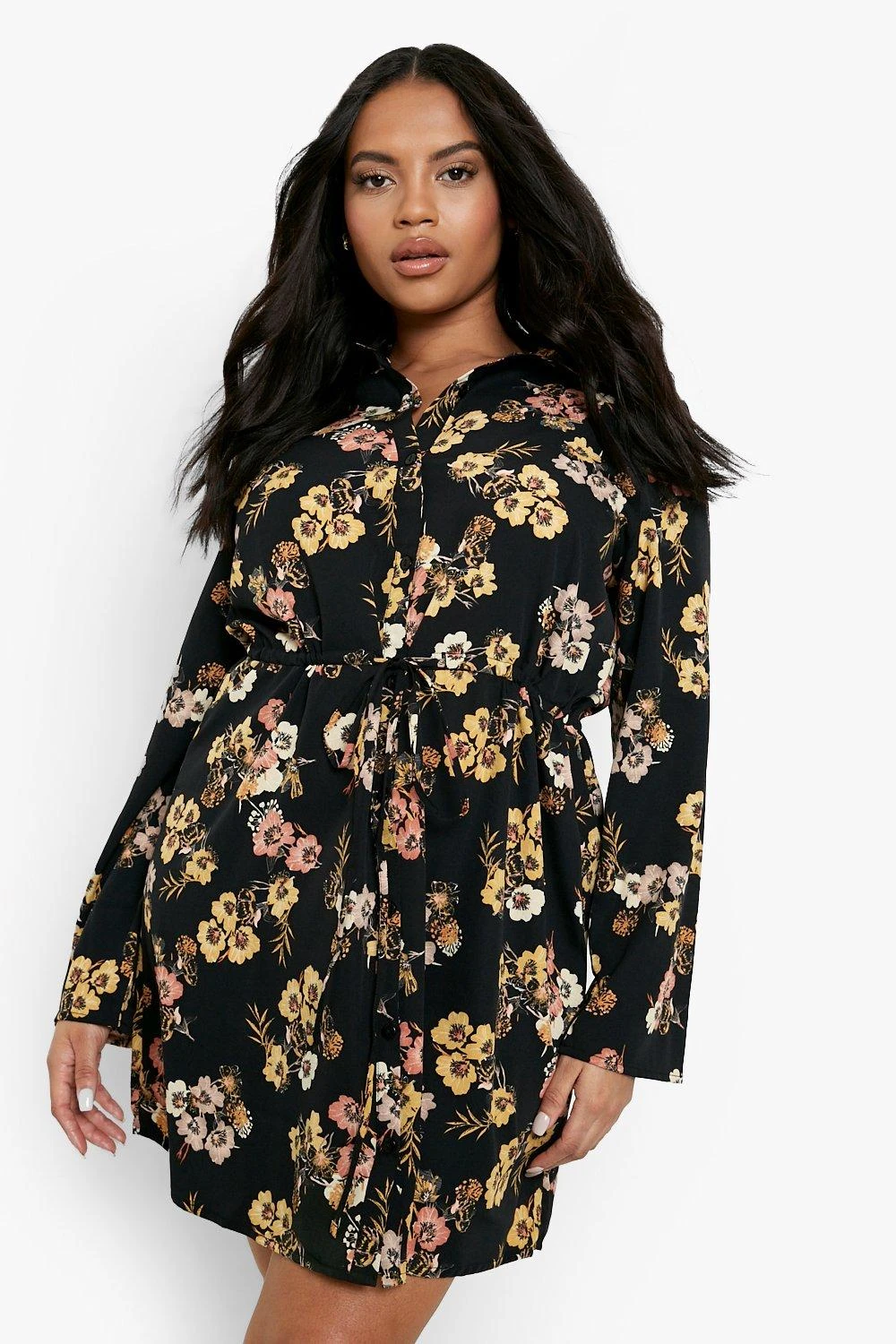 Grande Taille - Robe Chemise Avec Cordon De Serrage à La Taille 3 Grande Taille - Robe Chemise Avec Cordon De Serrage à La Taille