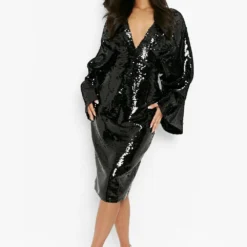 Petite - Robe Mi-longue Pailletée à Manches Flare -Pas Cher Vêtue Diva Magasin gzz01468 black xl 2