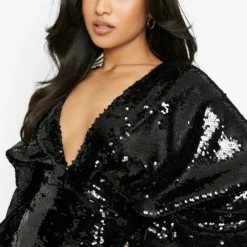 Petite - Robe Mi-longue Pailletée à Manches Flare -Pas Cher Vêtue Diva Magasin gzz01468 black xl 3