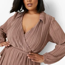 Grande Taille - Robe Mi-longue Croisée Plissée En Tissu Premium -Pas Cher Vêtue Diva Magasin gzz02097 stone xl 3