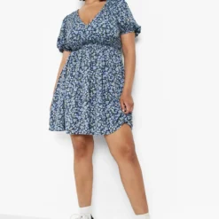 Grande Taille - Robe Patineuse à Manches Froncées Et Imprimé Fleuri