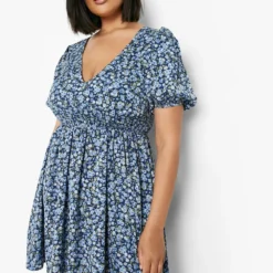 Grande Taille - Robe Patineuse à Manches Froncées Et Imprimé Fleuri -Pas Cher Vêtue Diva Magasin gzz03106 navy xl 2