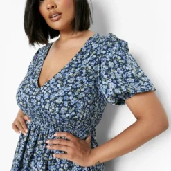 Grande Taille - Robe Patineuse à Manches Froncées Et Imprimé Fleuri -Pas Cher Vêtue Diva Magasin gzz03106 navy xl 3