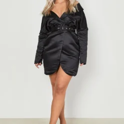 Grande Taille - Robe Blazer Satinée à épaules Dénudées Et Ceinture -Pas Cher Vêtue Diva Magasin gzz03519 black xl 2