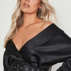 Grande Taille - Robe Blazer Satinée à épaules Dénudées Et Ceinture -Pas Cher Vêtue Diva Magasin gzz03519 black xl 3