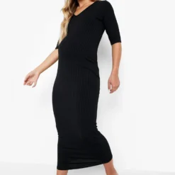 BOOHOO Maternité - Robe De Grossesse Mi-longue Côtelée à Col V -Pas Cher Vêtue Diva Magasin gzz06303 black xl 2