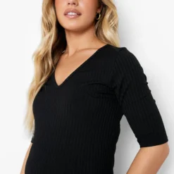 BOOHOO Maternité - Robe De Grossesse Mi-longue Côtelée à Col V -Pas Cher Vêtue Diva Magasin gzz06303 black xl 3