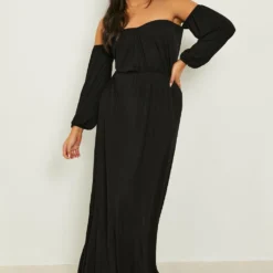 Grande Taille - Robe Longue à Manches Ballon Et Col Bateau -Pas Cher Vêtue Diva Magasin gzz07084 black xl 2