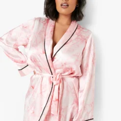 Grande Taille - Robe De Chambre Satinée à Imprimé Marbre -Pas Cher Vêtue Diva Magasin gzz07646 pink xl 3
