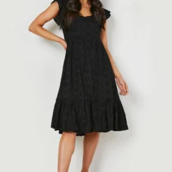 Petite - Robe Mi-longue En Broderie Anglaise à Col Bateau Et Manches Bouffantes