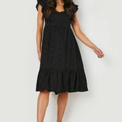 Petite - Robe Mi-longue En Broderie Anglaise à Col Bateau Et Manches Bouffantes 8 Petite - Robe Mi-longue En Broderie Anglaise à Col Bateau Et Manches Bouffantes -Pas Cher Vêtue Diva Magasin gzz07814 black xl 2