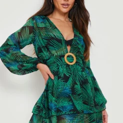 BOOHOO Robe De Plage à Décolleté Plongeant Et Imprimé Tropical -Pas Cher Vêtue Diva Magasin gzz08610 green xl 2