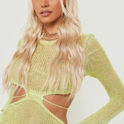 Robe De Plage Côtelée à Découpes Et Détails Froncés 9 Robe De Plage Côtelée à Découpes Et Détails Froncés -Pas Cher Vêtue Diva Magasin gzz08841 lime xl 3