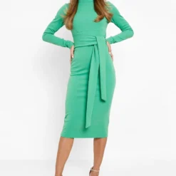 Robe Mi-longue Nouée à La Taille à Col Montant -Pas Cher Vêtue Diva Magasin gzz10404 bright20green xl 2