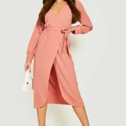 Robe Chemise Croisée Texturée à Ceinture -Pas Cher Vêtue Diva Magasin gzz11512 rose xl 2