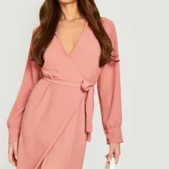 Robe Chemise Croisée Texturée à Ceinture -Pas Cher Vêtue Diva Magasin gzz11512 rose xl 3