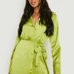 Robe Chemise Satinée Effet Drapé -Pas Cher Vêtue Diva Magasin gzz11676 chartreuse xl 2