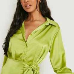 Robe Chemise Satinée Effet Drapé -Pas Cher Vêtue Diva Magasin gzz11676 chartreuse xl 3