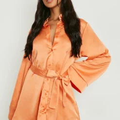 Robe Chemise Satinée à Manches Kimono Et Nœud -Pas Cher Vêtue Diva Magasin gzz11677 orange xl 2