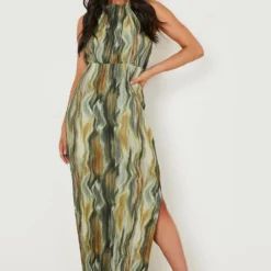 Petite - Robe Longue Plissée Imprimée à Fentes -Pas Cher Vêtue Diva Magasin gzz12600 green xl 2