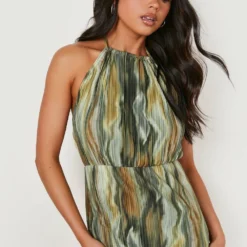 Petite - Robe Longue Plissée Imprimée à Fentes -Pas Cher Vêtue Diva Magasin gzz12600 green xl 3