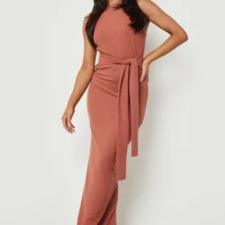 BOOHOO Petite - Robe Longue Côtelée Nouée -Pas Cher Vêtue Diva Magasin gzz12603 rust xl 2
