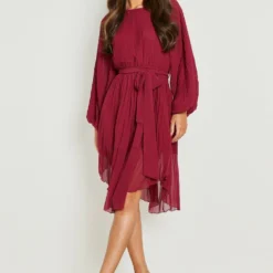 Robe Mi-longue Plissée à Manches Longues -Pas Cher Vêtue Diva Magasin gzz13700 berry xl 2