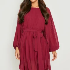 Robe Mi-longue Plissée à Manches Longues -Pas Cher Vêtue Diva Magasin gzz13700 berry xl 3