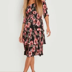 Robe Mi-longue Plissée à épaules Dénudées Et Imprimé Fleuri