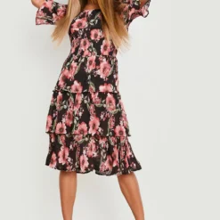 Robe Mi-longue Plissée à épaules Dénudées Et Imprimé Fleuri -Pas Cher Vêtue Diva Magasin gzz14726 black xl 2