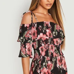 Robe Mi-longue Plissée à épaules Dénudées Et Imprimé Fleuri -Pas Cher Vêtue Diva Magasin gzz14726 black xl 3
