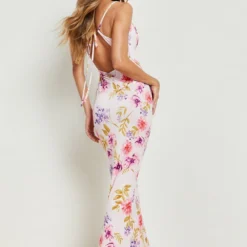 Robe Longue à Col Bénitier Et Imprimé Fleuri -Pas Cher Vêtue Diva Magasin gzz14896 blush xl 1