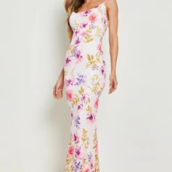 Robe Longue à Col Bénitier Et Imprimé Fleuri -Pas Cher Vêtue Diva Magasin gzz14896 blush xl 2